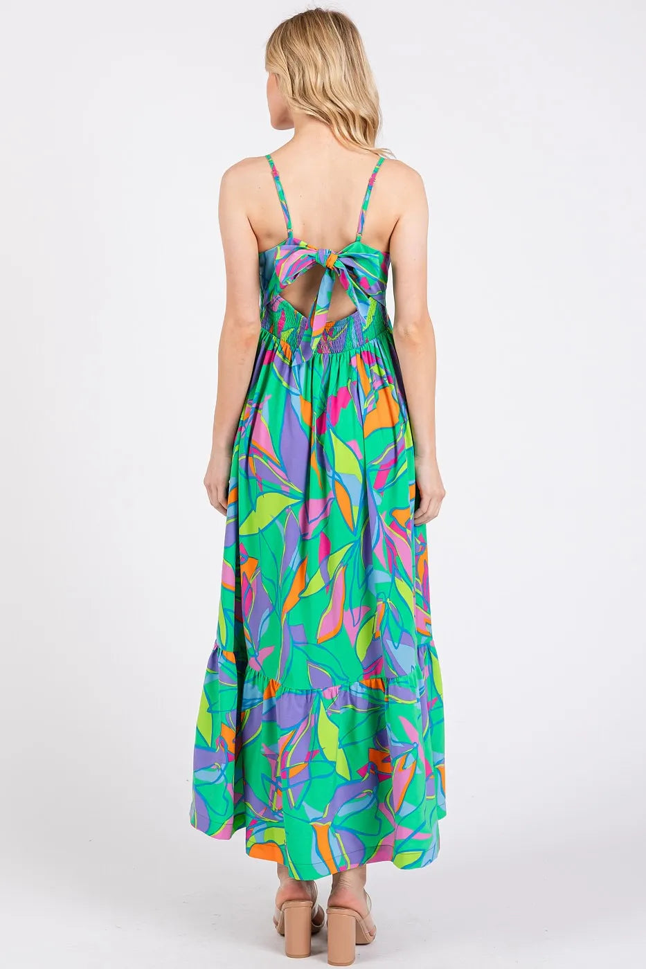 Multicolor Leaf Print Tie Back Maxi Dress in Green-Maxi Dress-Reef Love