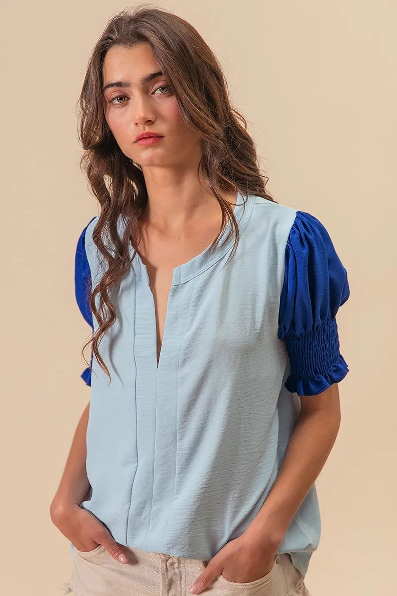 Air Flow Color Block Puff Sleeves V Neck Top-Shirt-Reef Love