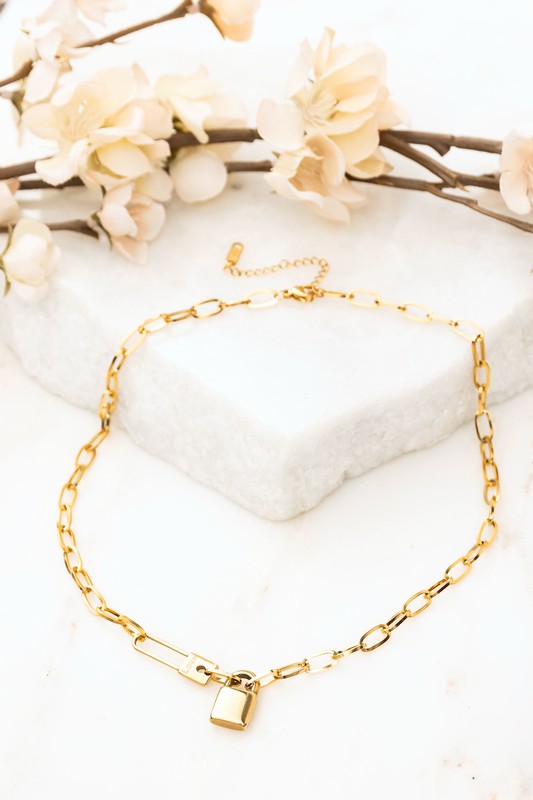 18K Stainless Lock & Clip Chain Necklace, Tarnish Resistant