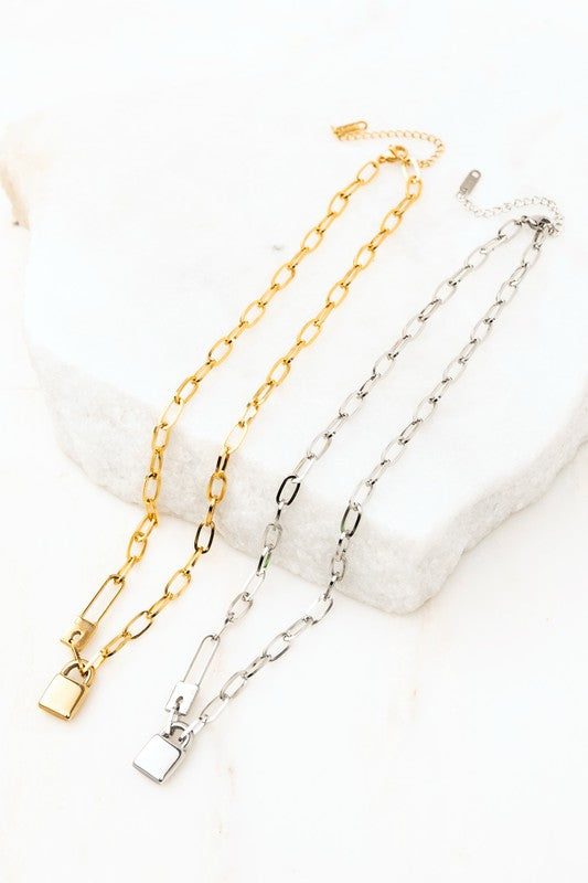 18K Stainless Lock & Clip Chain Necklace, Tarnish Resistant
