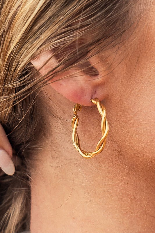 18K Stainless Twisted Hoop Earrings, Tarnish Resistant