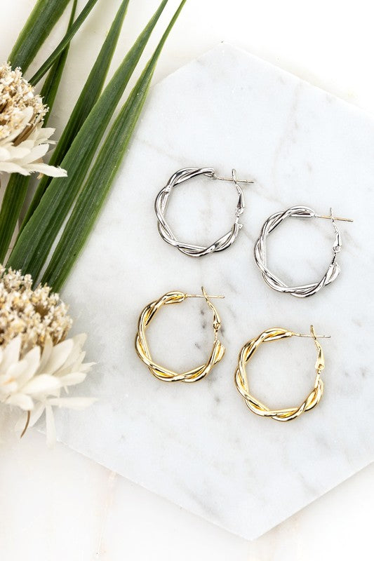 18K Stainless Twisted Hoop Earrings, Tarnish Resistant