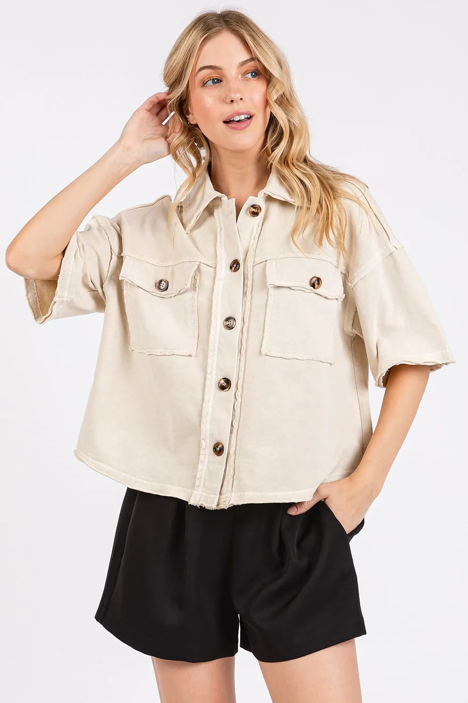 Mineral Wash Boxy Short Sleeve Button Down Shirt-Button Down Shirt-Reef Love