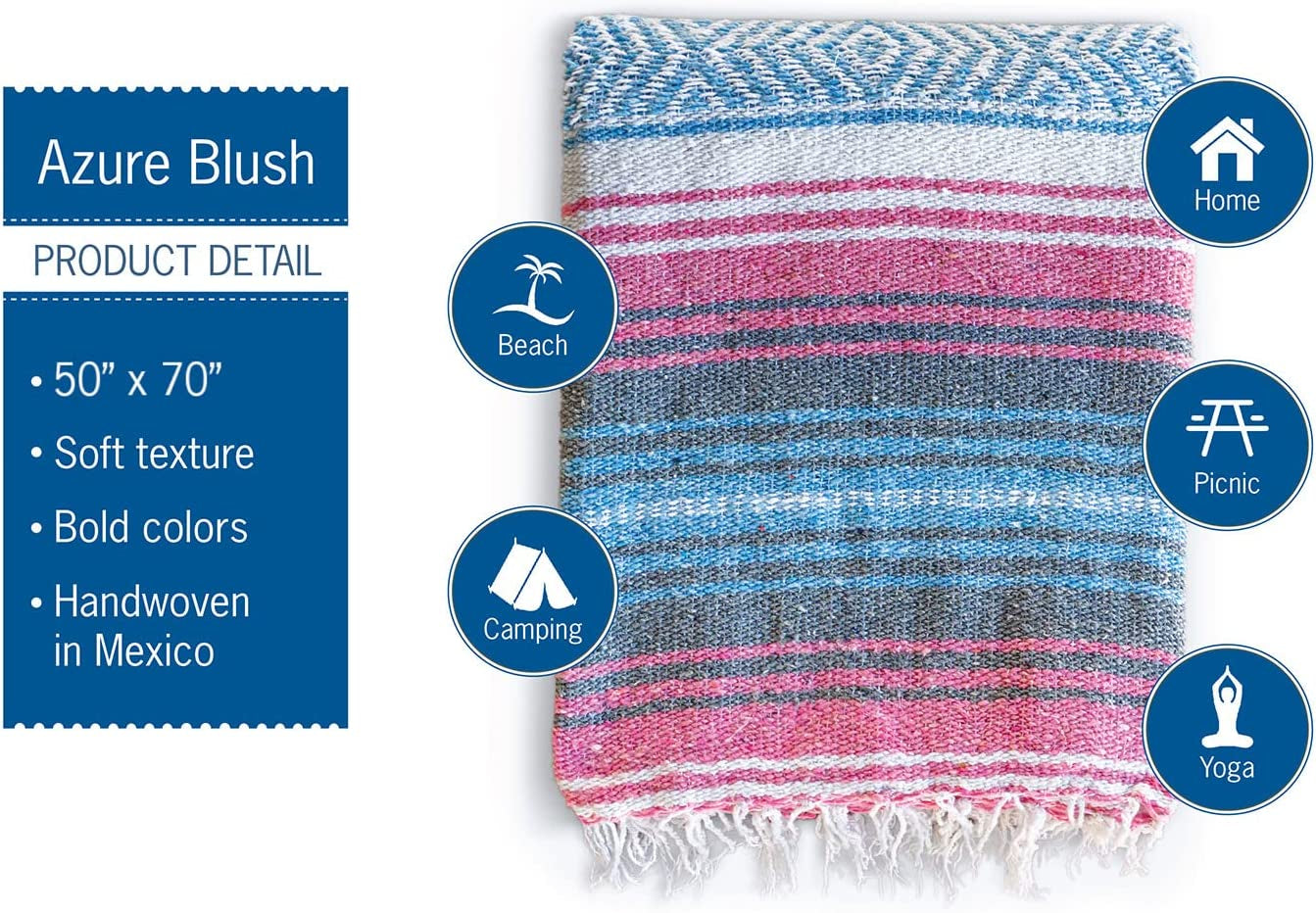 Authentic Handwoven Mexican Blanket | Yoga Blankets, Outdoor, Picnic, Beach, Camping | Equestrian Saddle | Serape 50X70 Inches - Azure, Pack of 1