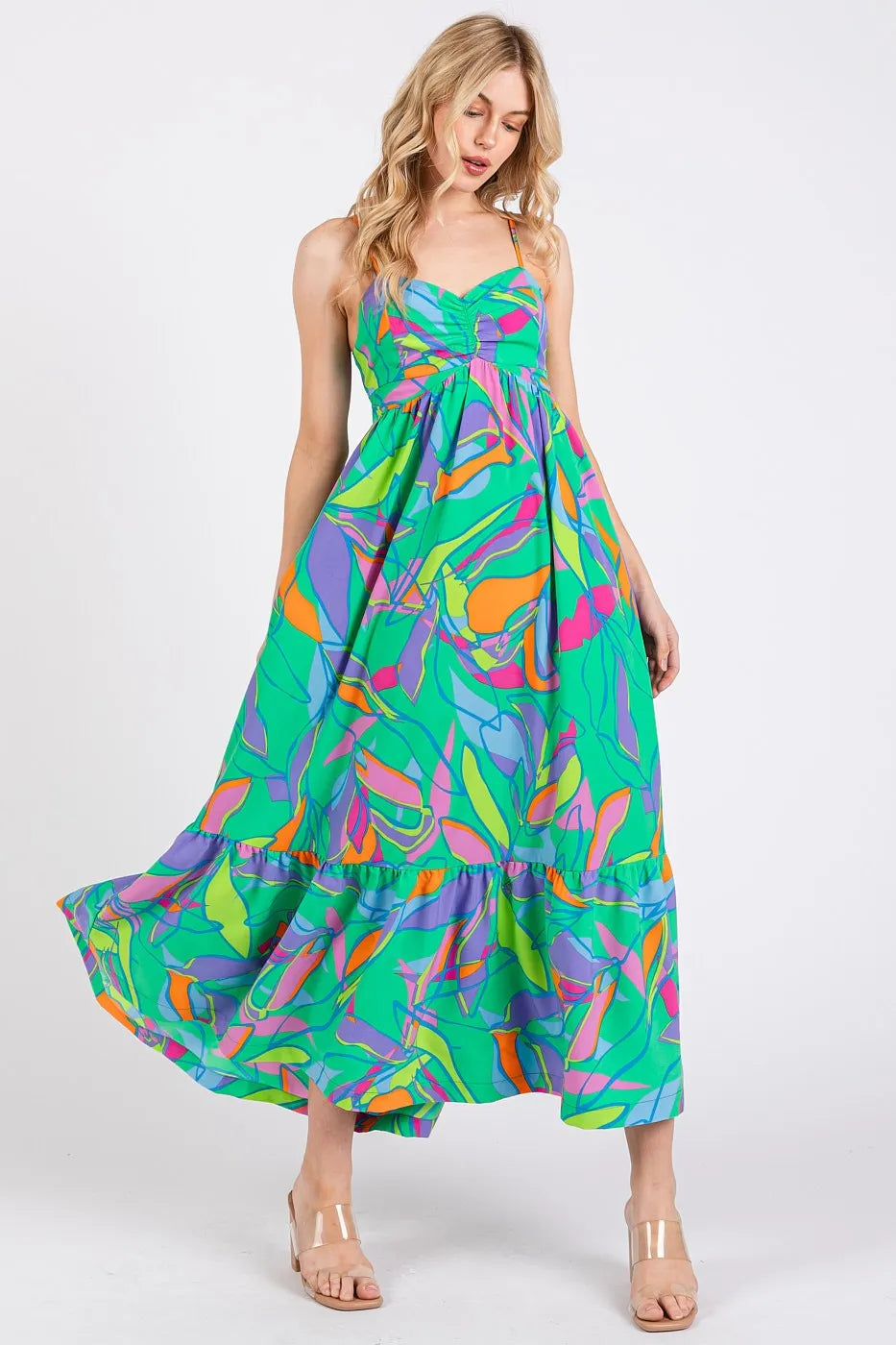 Multicolor Leaf Print Tie Back Maxi Dress in Green-Maxi Dress-Reef Love