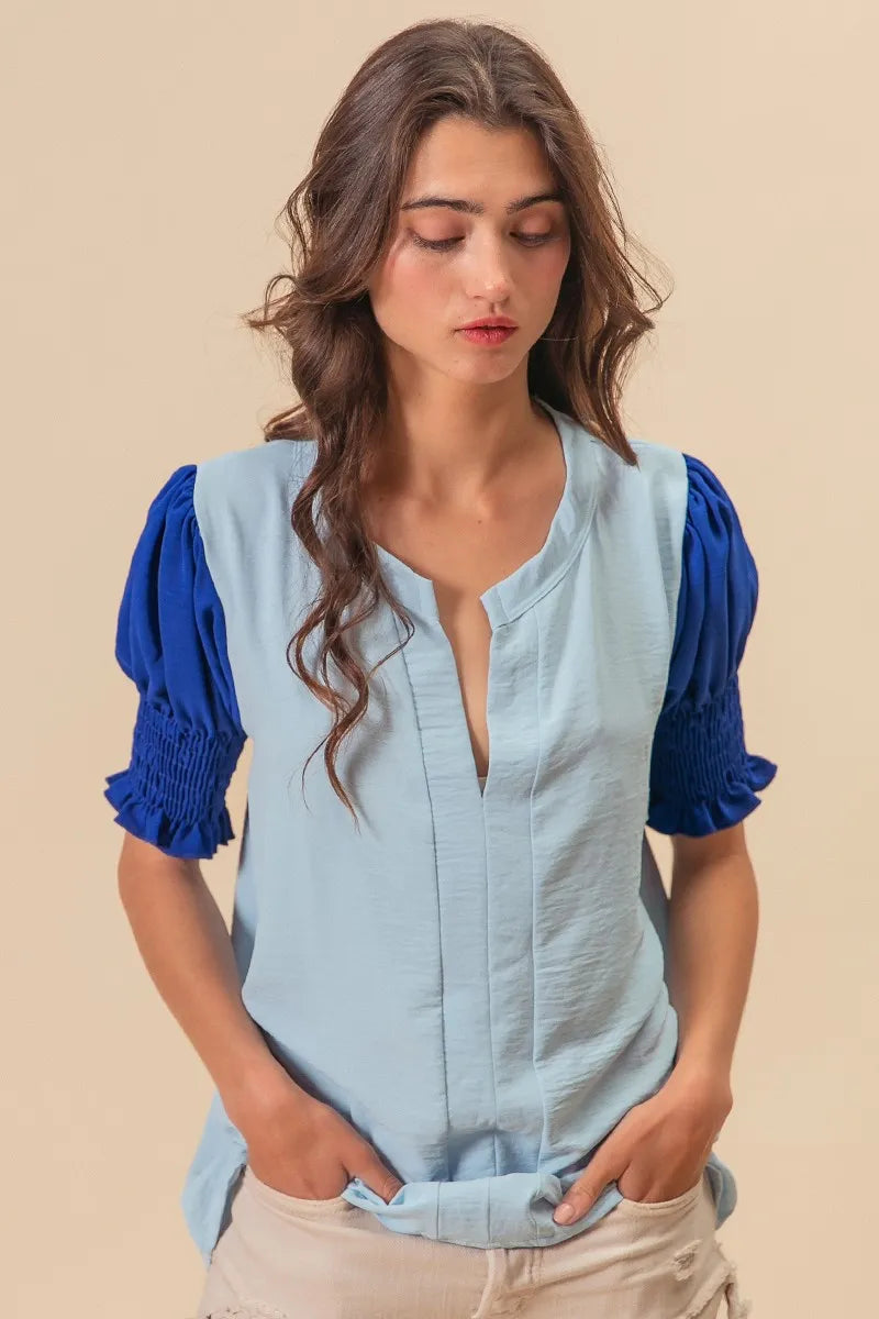 Air Flow Color Block Puff Sleeves V Neck Top-Shirt-Reef Love