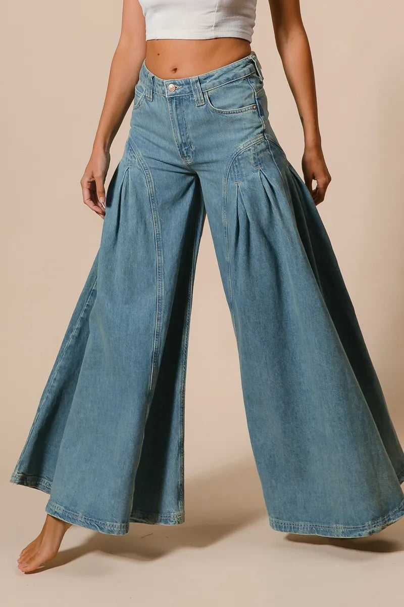 Pleated Detail Wide Leg Jeans-Jeans-Reef Love