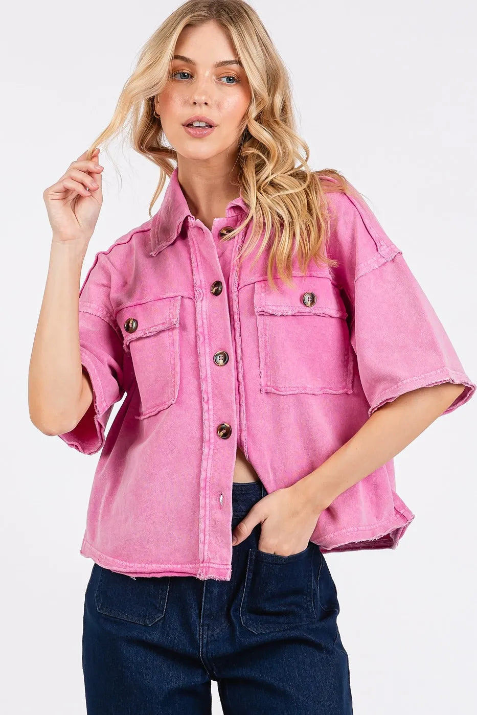 Mineral Wash Boxy Short Sleeve Button Down Shirt-Button Down Shirt-Reef Love