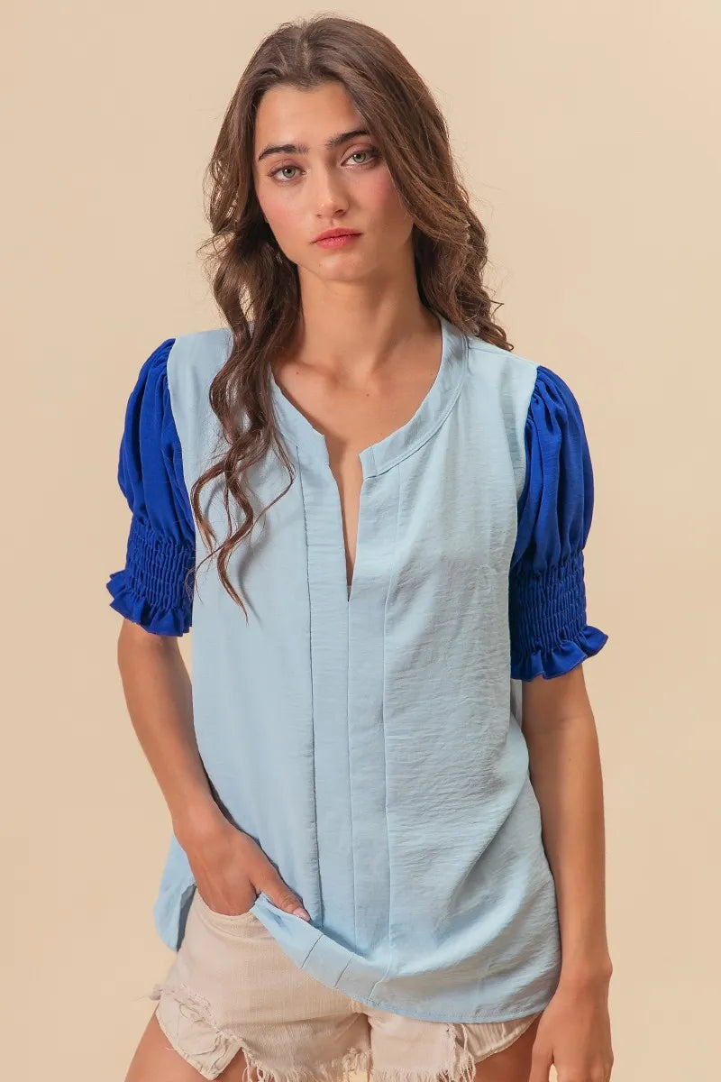 Air Flow Color Block Puff Sleeves V Neck Top-Shirt-Reef Love