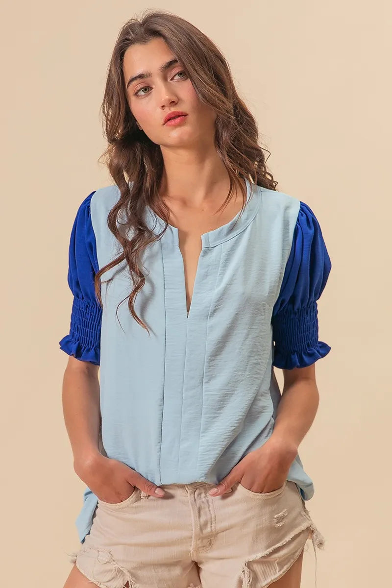 Air Flow Color Block Puff Sleeves V Neck Top-Shirt-Reef Love