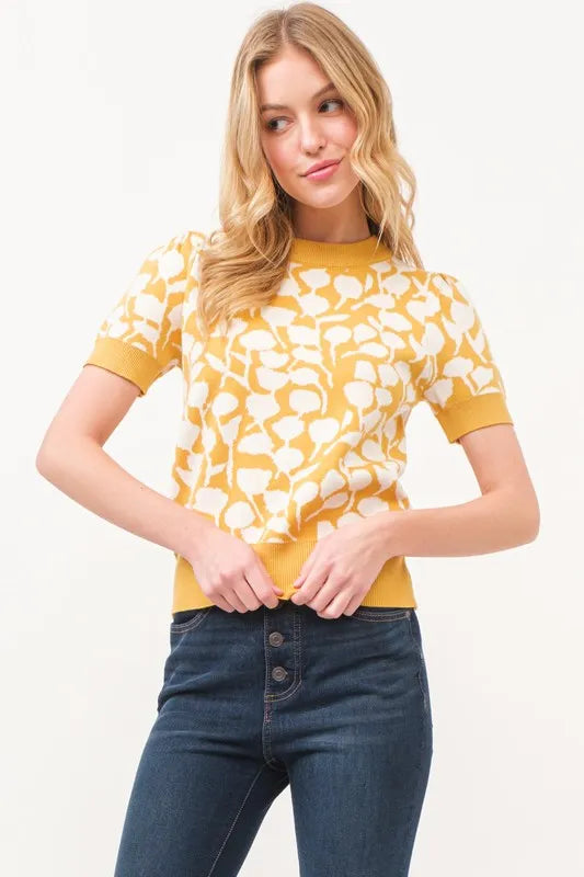 And The Why Short Sleeve Leaf Pattern Knit Top-Knit Short Sleeve Sweater-Reef Love