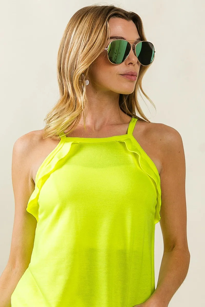 French Terry Knit Ruffled Neon Yellow Sleeveless Top-Tank Top-Reef Love