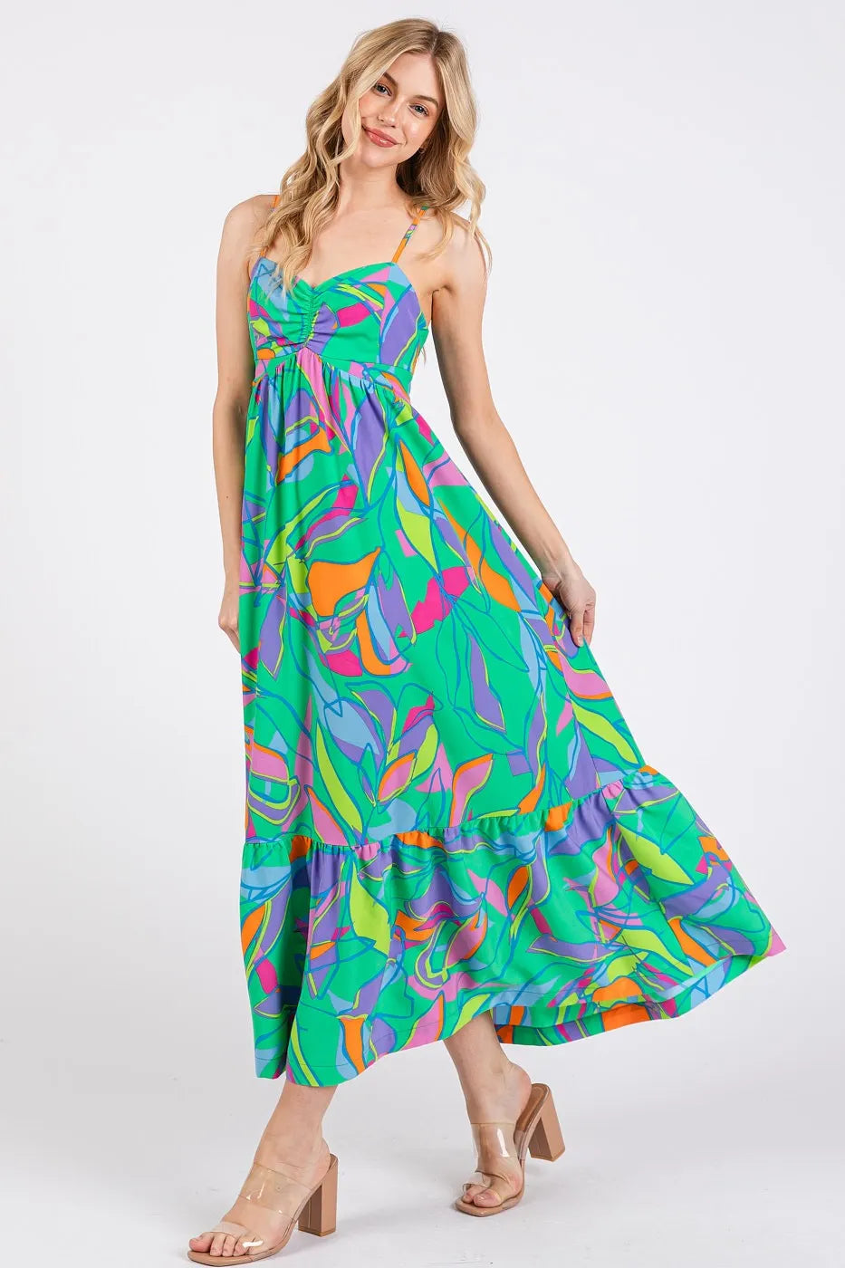 Multicolor Leaf Print Tie Back Maxi Dress in Green-Maxi Dress-Reef Love