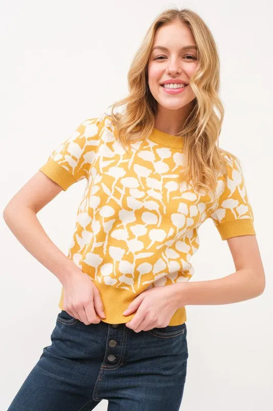 And The Why Short Sleeve Leaf Pattern Knit Top-Knit Short Sleeve Sweater-Reef Love