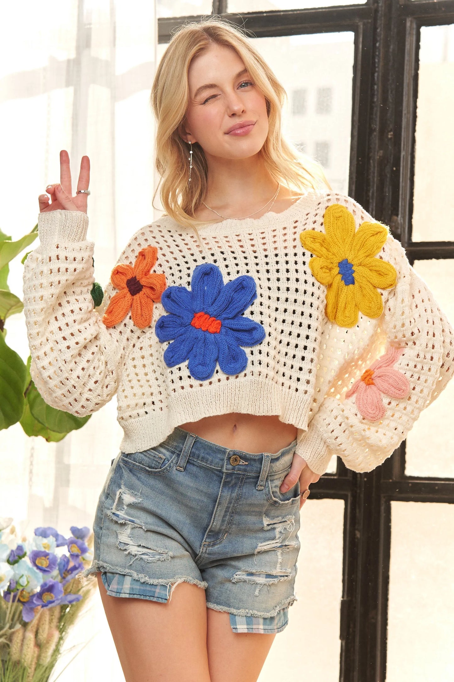 ADORA Floral Patch Sweater Crop Top-Open Knit Sweater-Reef Love
