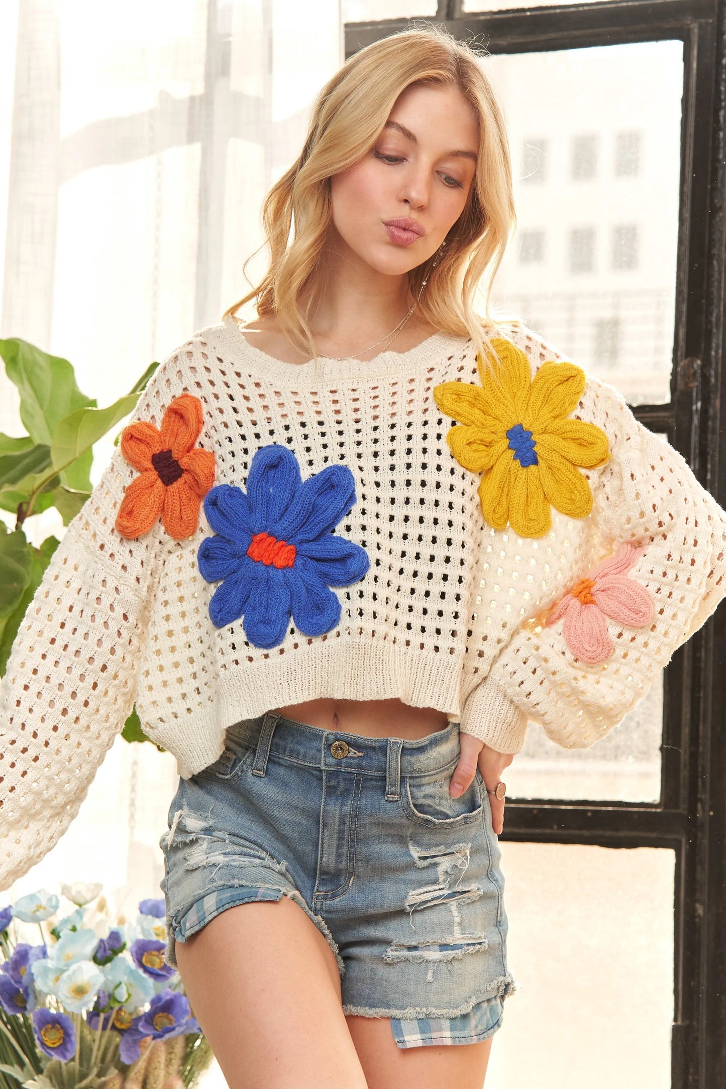 ADORA Floral Patch Sweater Crop Top-Open Knit Sweater-Reef Love