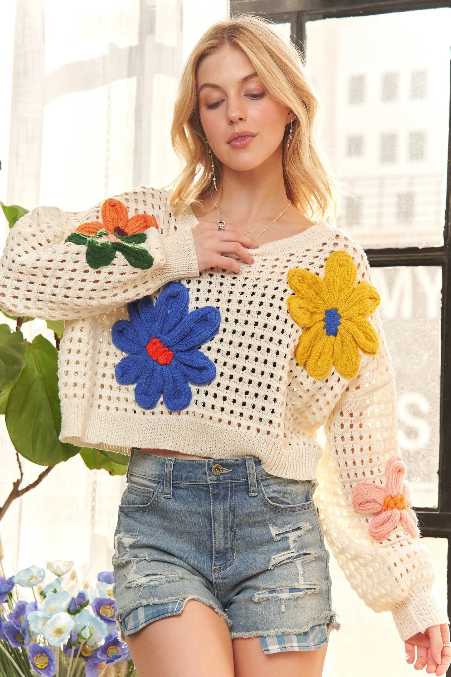 ADORA Floral Patch Sweater Crop Top-Open Knit Sweater-Reef Love