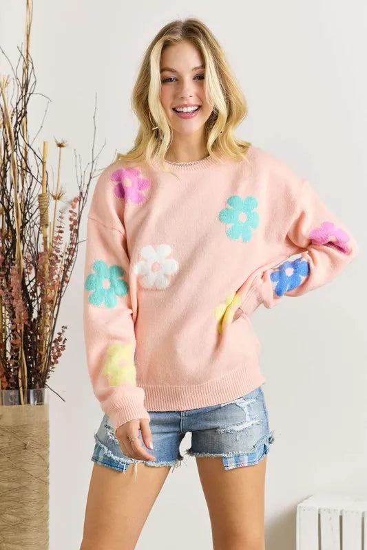 ADORA Full Size Flower Popped Sweater-Sweater-Reef Love