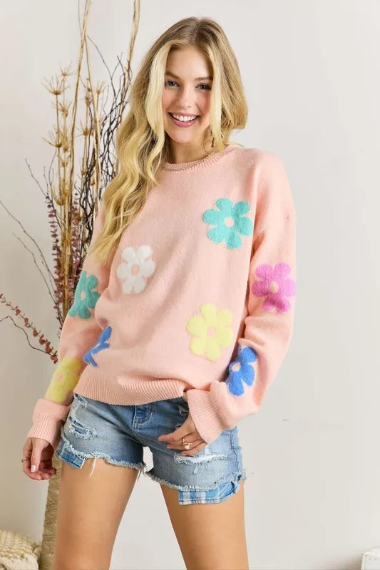 ADORA Full Size Flower Popped Sweater-Sweater-Reef Love