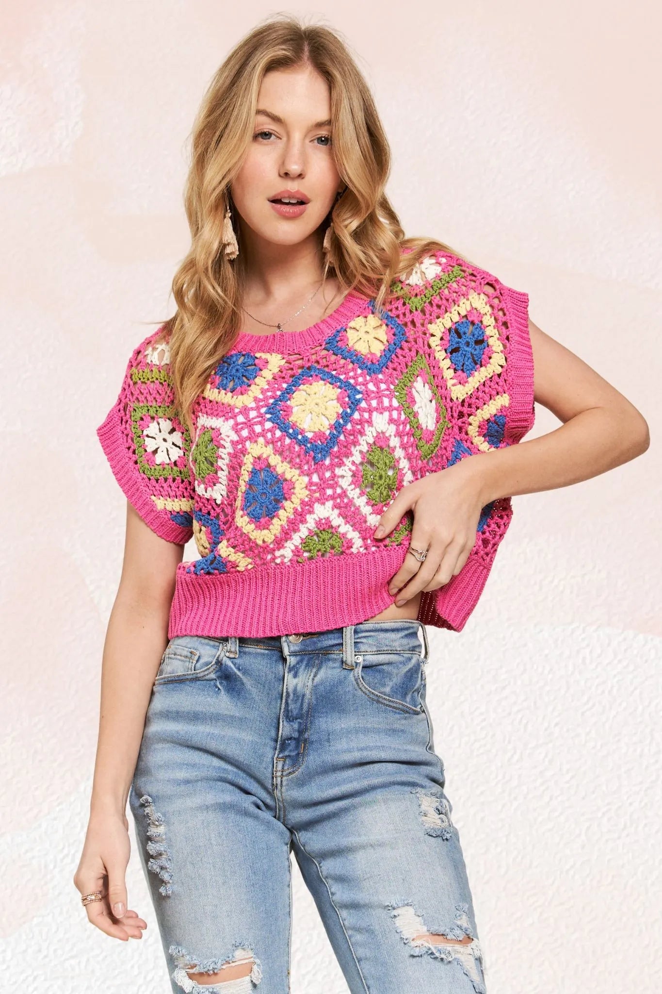 ADORA Multicolor Crochet Top-Knit Short Sleeve Sweater-Reef Love