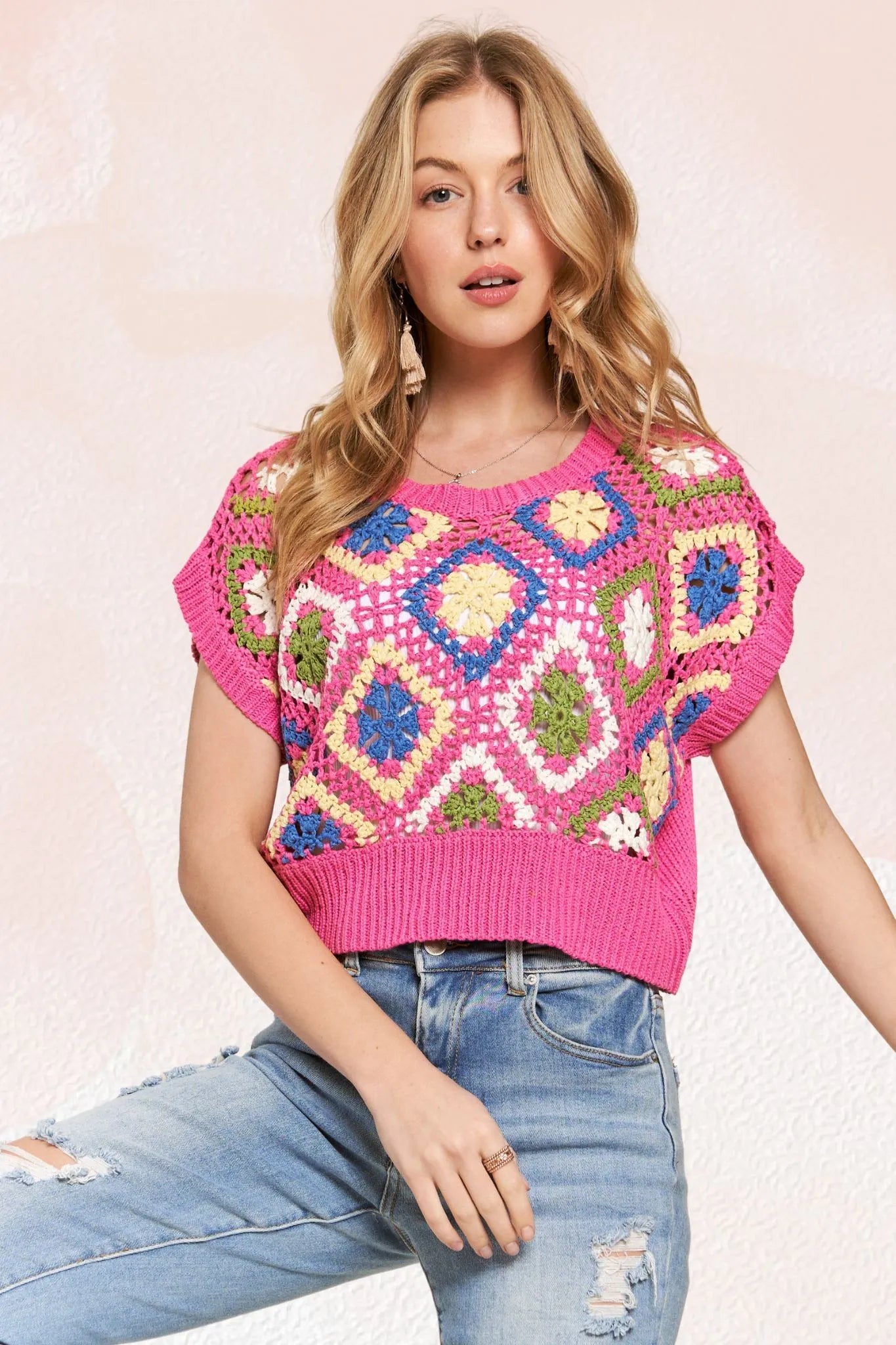 ADORA Multicolor Crochet Top-Knit Short Sleeve Sweater-Reef Love
