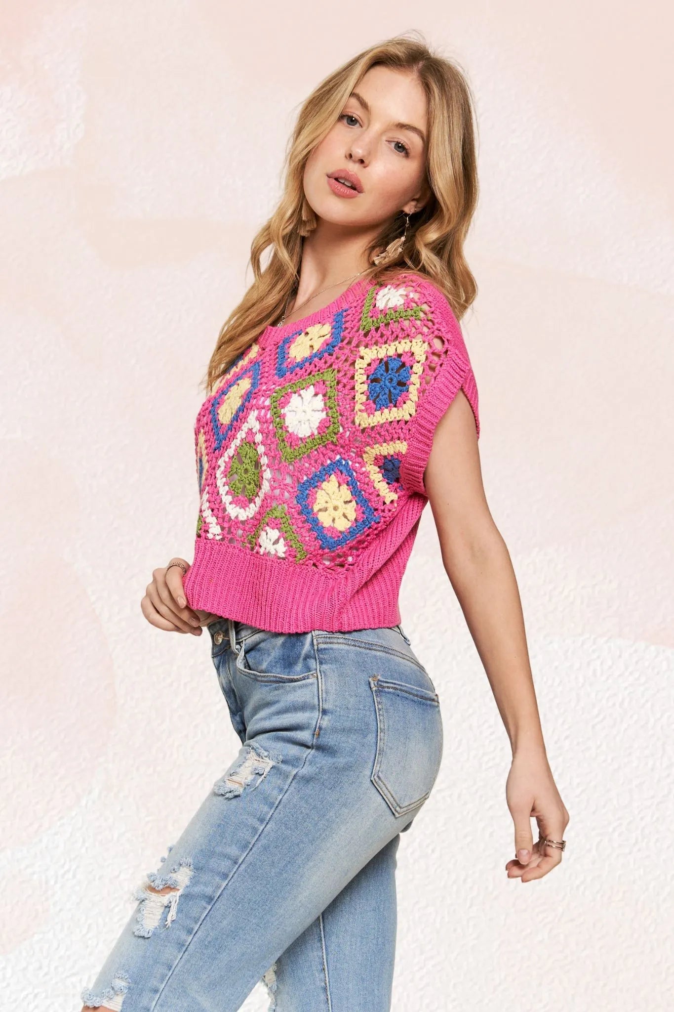 ADORA Multicolor Crochet Top-Knit Short Sleeve Sweater-Reef Love