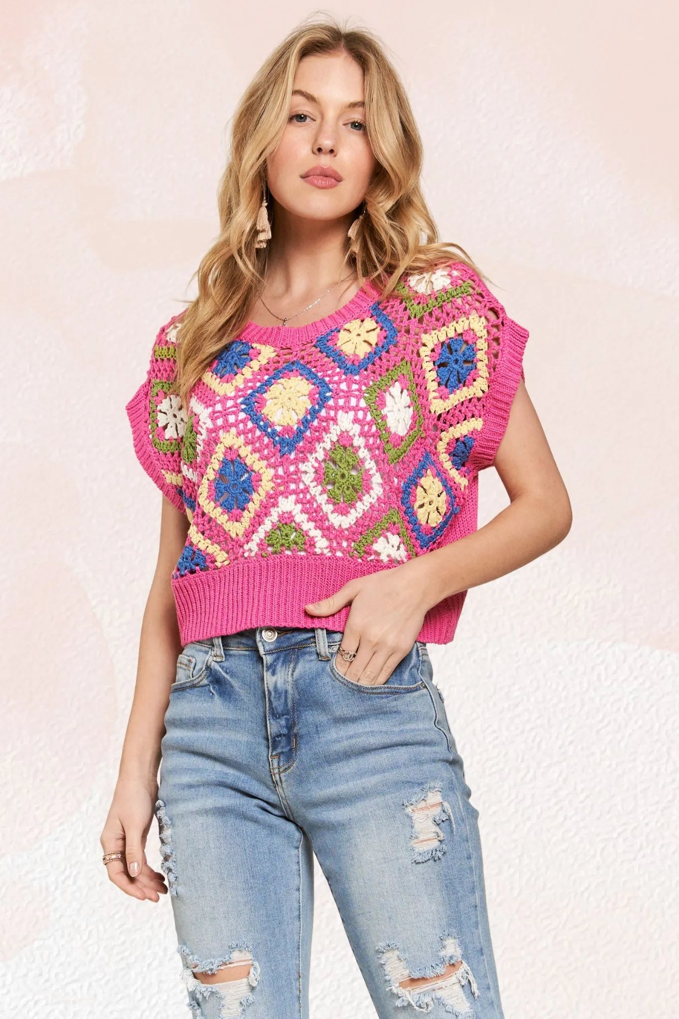 ADORA Multicolor Crochet Top-Knit Short Sleeve Sweater-Reef Love