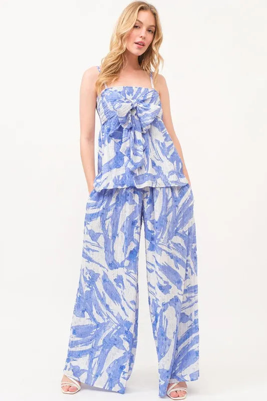 Abstract Blue Smocked Tied Waist Wide Leg Pants-Wide Leg Pants-Reef Love