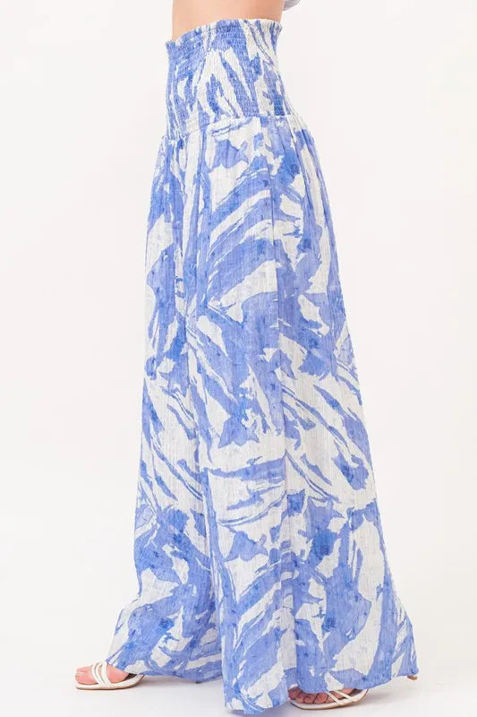 Abstract Blue Smocked Tied Waist Wide Leg Pants-Wide Leg Pants-Reef Love