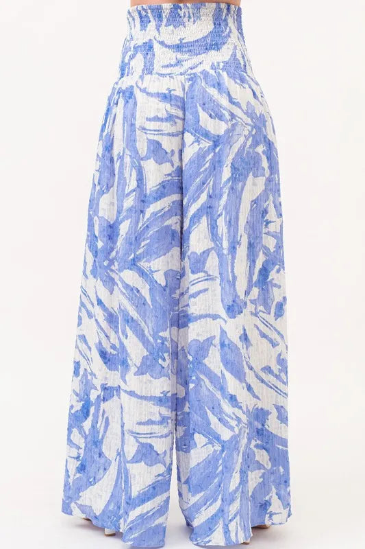 Abstract Blue Smocked Tied Waist Wide Leg Pants-Wide Leg Pants-Reef Love