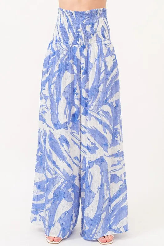 Abstract Blue Smocked Tied Waist Wide Leg Pants-Wide Leg Pants-Reef Love