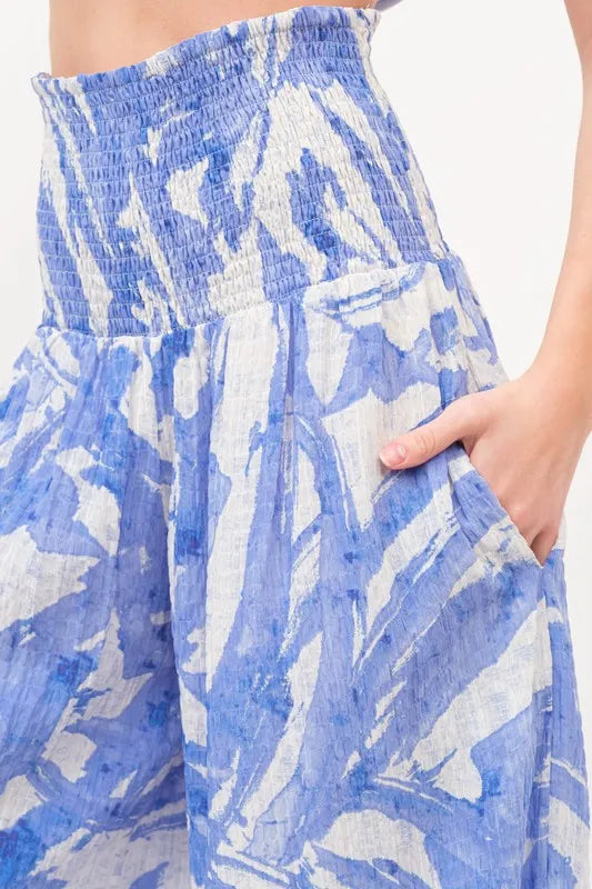 Abstract Blue Smocked Tied Waist Wide Leg Pants-Wide Leg Pants-Reef Love