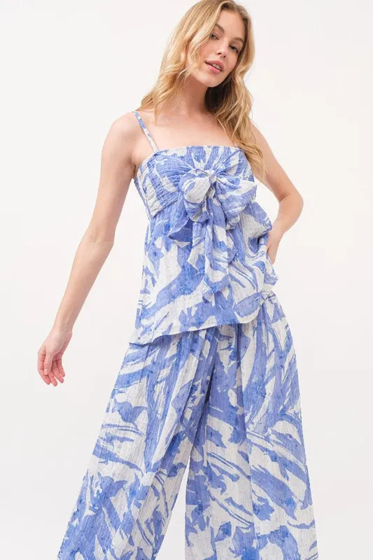 Abstract Blue Tied Babydoll Top-Tank Top-Reef Love