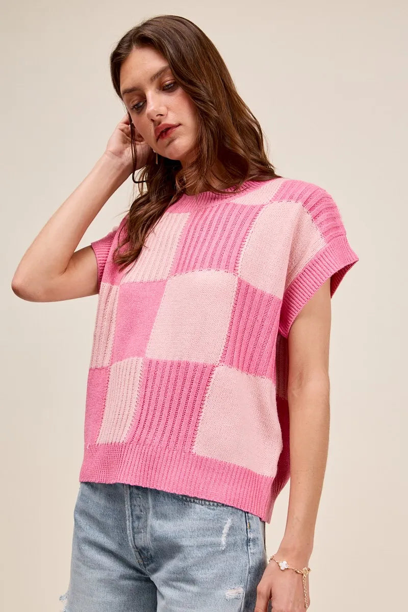 Blush Check Plaid Casual Sweater Top