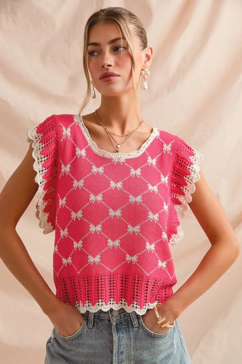 Bow Ribbon Pattern Sweater Top with Back Key Hole