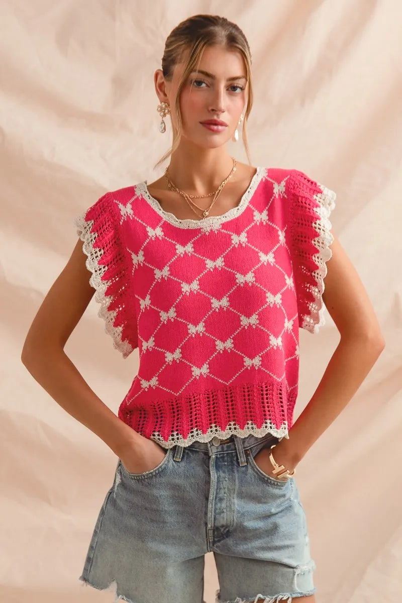 Bow Ribbon Pattern Sweater Top with Back Key Hole