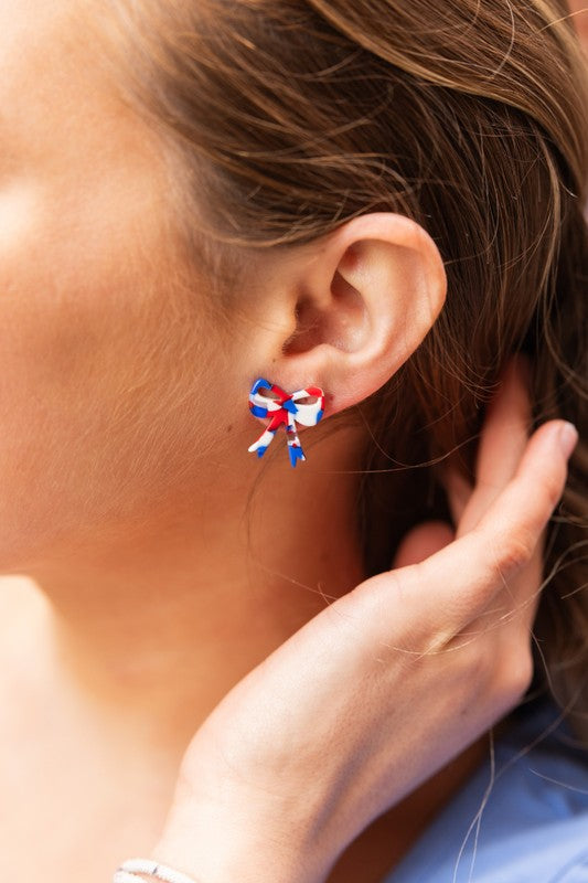 Bow Stud Earrings - Red, White, and Blue, Hypoallergenic