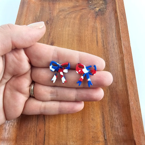 Bow Stud Earrings - Red, White, and Blue, Hypoallergenic
