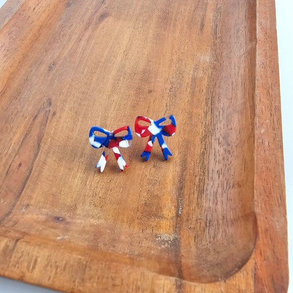 Bow Stud Earrings - Red, White, and Blue, Hypoallergenic