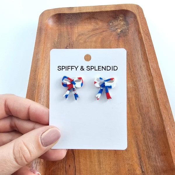Bow Stud Earrings - Red, White, and Blue, Hypoallergenic