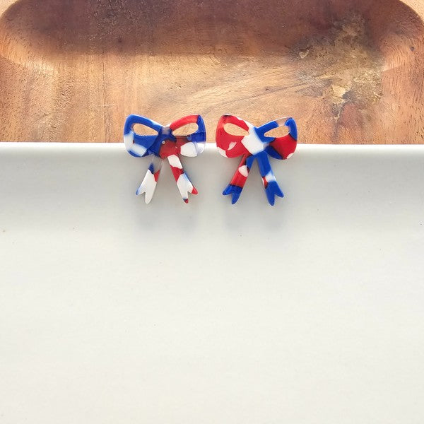 Bow Stud Earrings - Red, White, and Blue, Hypoallergenic