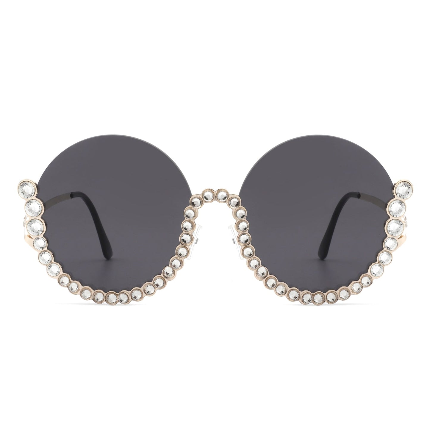 Women Circle Half Frame Oversize Rhinestone Fashion Round Sunglasses