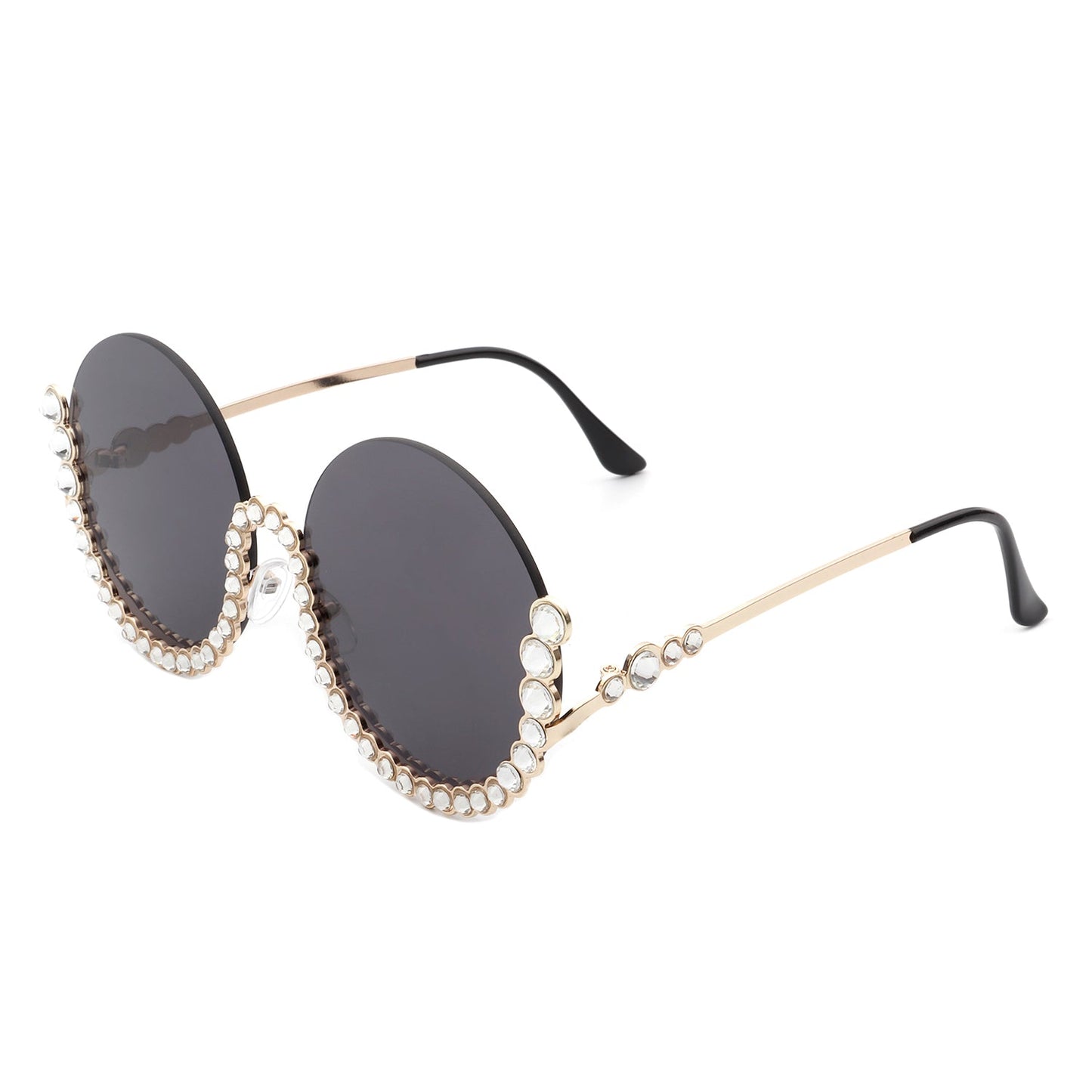 Women Circle Half Frame Oversize Rhinestone Fashion Round Sunglasses