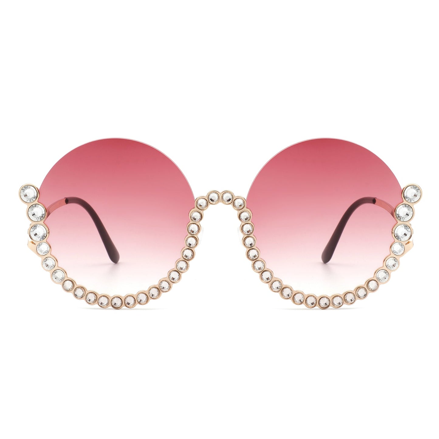 Women Circle Half Frame Oversize Rhinestone Fashion Round Sunglasses