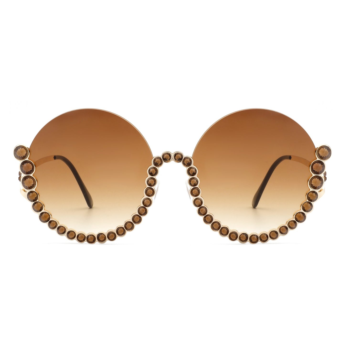 Women Circle Half Frame Oversize Rhinestone Fashion Round Sunglasses