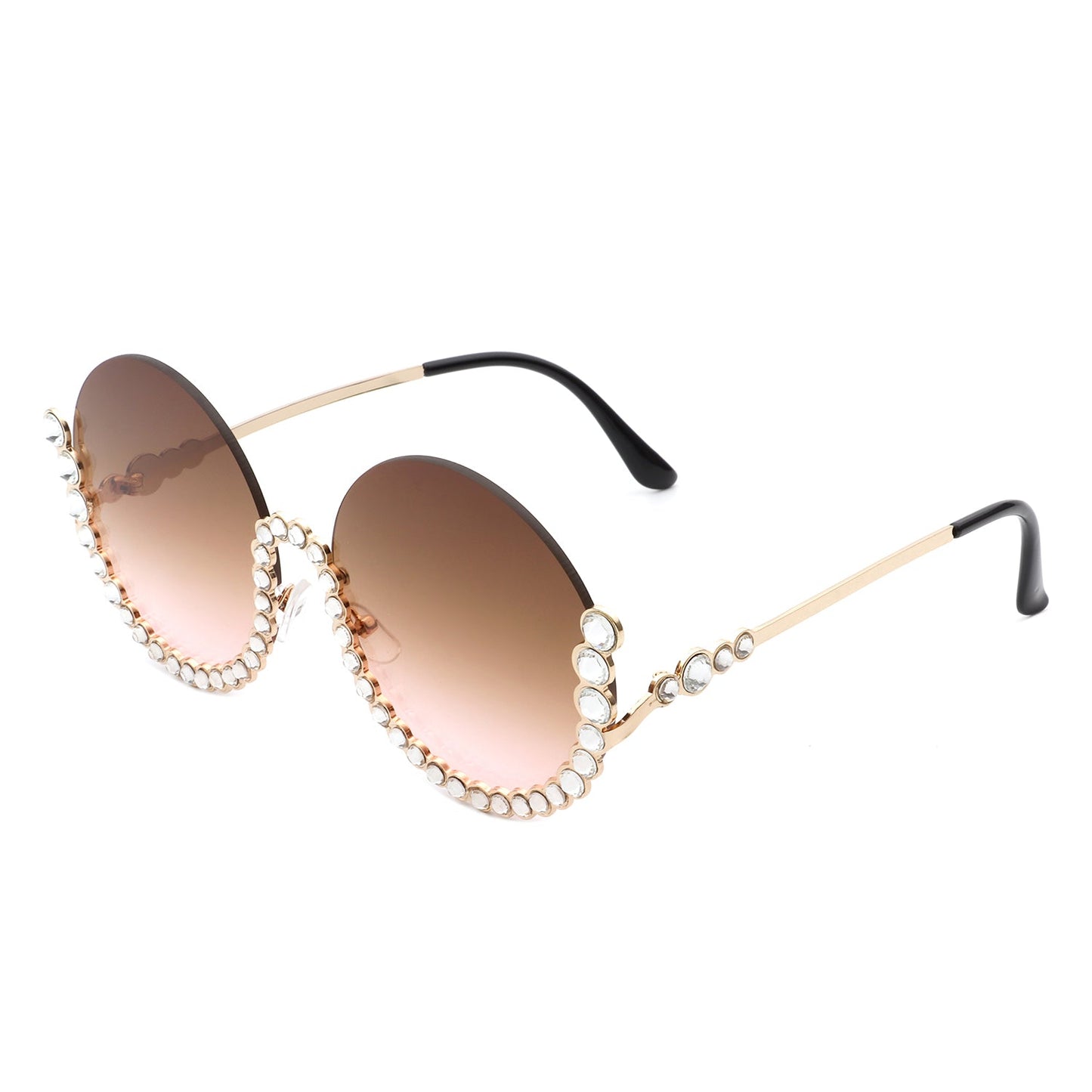 Women Circle Half Frame Oversize Rhinestone Fashion Round Sunglasses