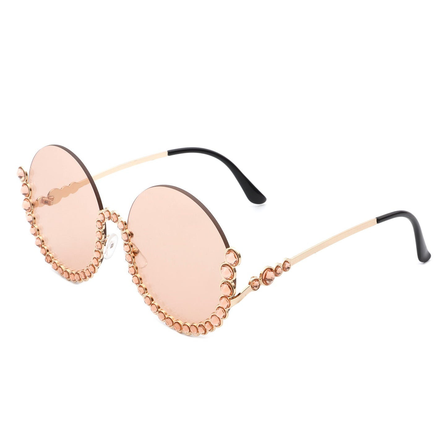 Women Circle Half Frame Oversize Rhinestone Fashion Round Sunglasses