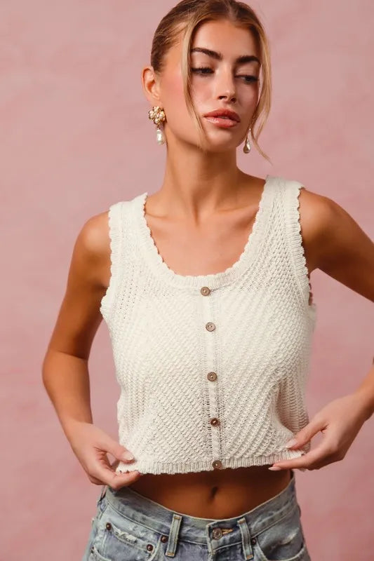 Cream Chevron Pattern Buttoned Front Lightweight Tank Top