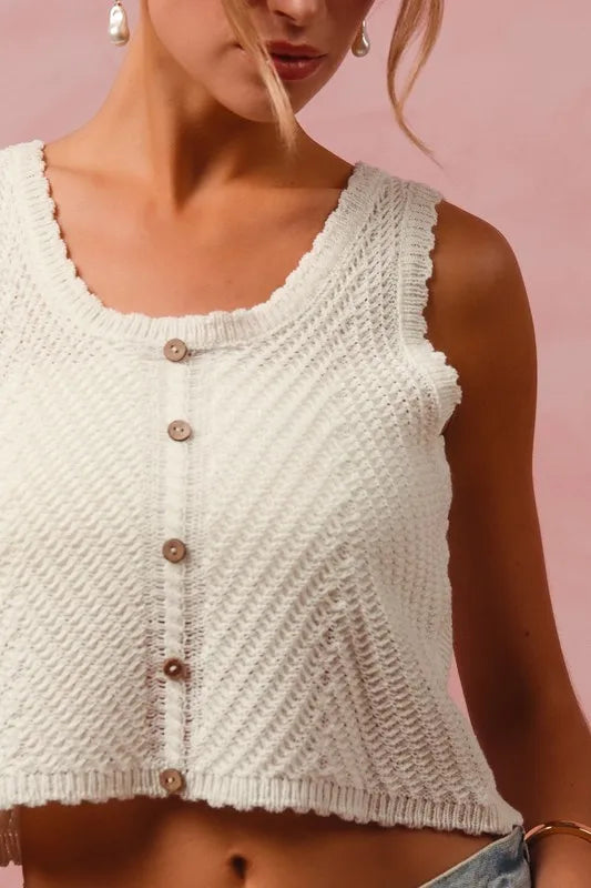 Cream Chevron Pattern Buttoned Front Lightweight Tank Top