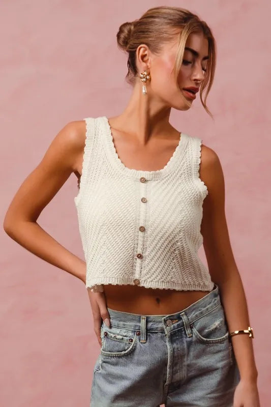 Cream Chevron Pattern Buttoned Front Lightweight Tank Top